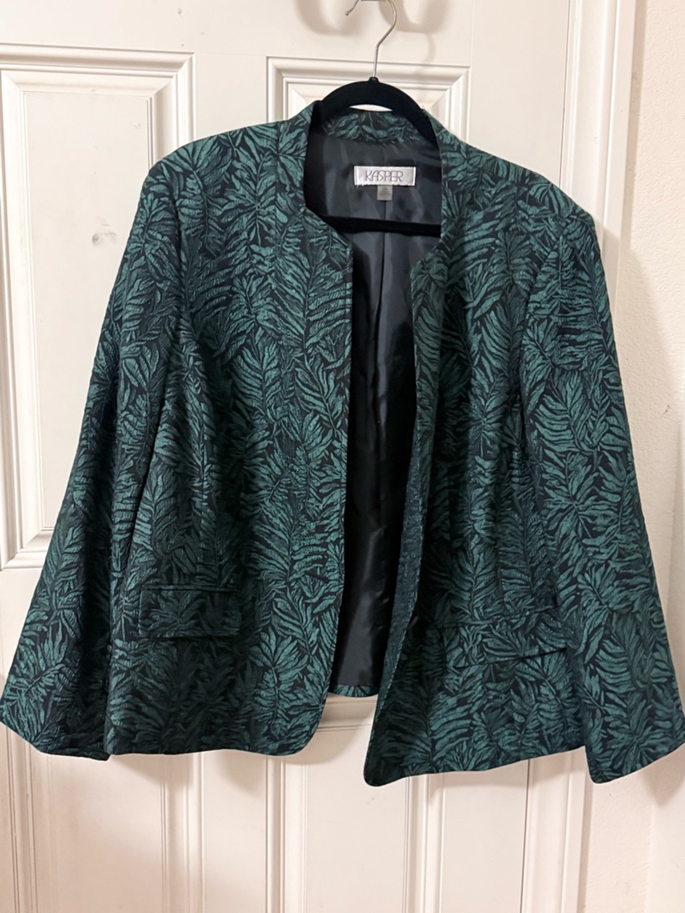 Kasper Teal Leaf-Pattern Open-Front Blazer